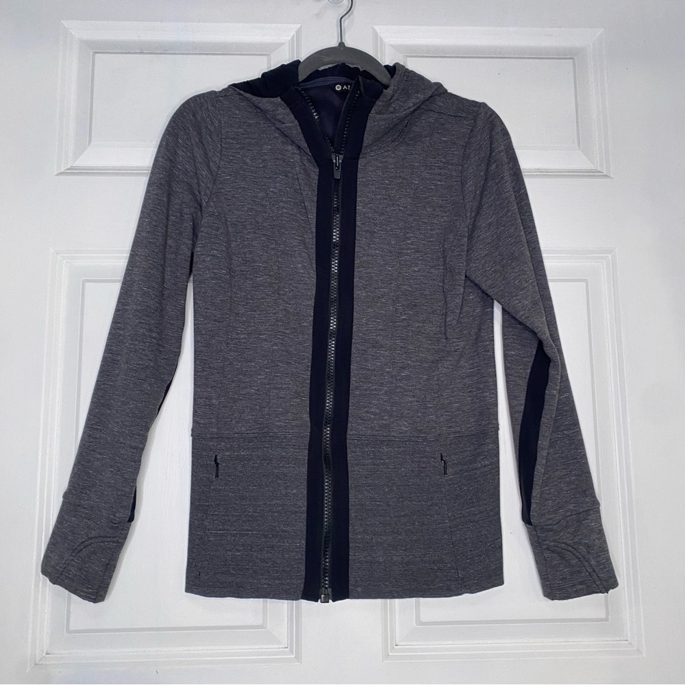 Athleta Full Zip Front Hooded Jacket Black Grey Size Small Thumbholes Pockets